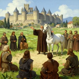 medieval monk preaching with open arms near his white beautiful horse, group of people is listening to him, grassy field with sandy spot, city of carcassonne in the background by stanley artgerm lau, wlop, rossdraws, frank frazetta, andrei riabovitchev, marc simonetti, tranding on artstation