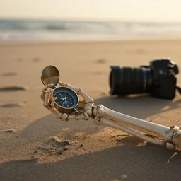 a photograph of a skeletal arm on a sandy beach holding a compass. golden hour, dslr, cinematic lighting.