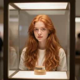 a cute teen a girl with red hair in a display case