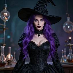an insanely detailed close up portrait of a beautiful witch standing in an alchemy lab, long purple hair, tightly fitting black ornate dress and black witch hat, in the style of peter mohrbacher, artgerm, dramatic lighting and composition, octane render, trending on artstation, concept art 8 k