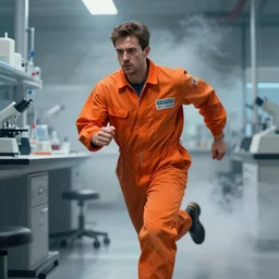 a man in an orange jumpsuot running from smoke in a laboratory,digital art,ultra realistic,ultra detailed,art by greg rutkowski,detailed face