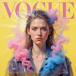 3 d, pink and blue smoke, sun rays, frown fashion model, plastic, poster art, high detail, intricate oil painting, multiple exposure, yellow mood, hyperrealism, 3 d, vogue cover style, by tooth wu and wlop and beeple and greg rutkowski