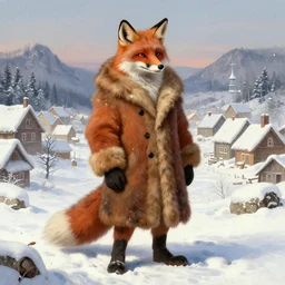 an anthropomorphic fox man wearing a long fur coat and gloves in a snowy village, character illustration by greg rutkowski, thomas kinkade, Howard Pyle, El Greco, Cynthia Sheppard