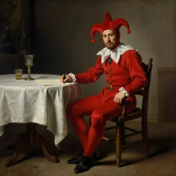 a plotting man in a red jester suit sitting in a wooden chair near a table covered with cloth. the room is dimly lit. style of Jan Matejko, ominous, realistic, highly detailed