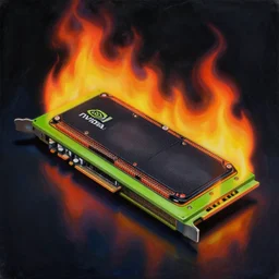 a painting by Wayne Thiebaud of an Nvidia GPU that has caught on fire, neon gradient, highly detailed Nvidia GPU on fire, Nvidia GPU caught fire
