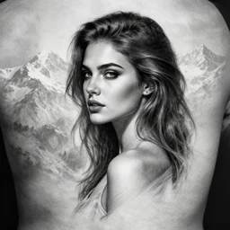 tattoo design sketch of an extremely beautiful woman with a background of beautiful mountains on her side, hyper - realistic, double exposure effect, in the style of den yakovlev, amazing detail, black and white, faded