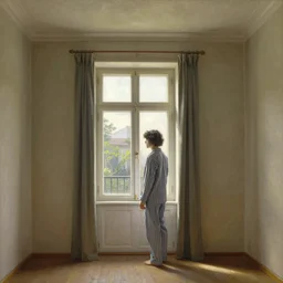 person in pyjamas standing near window, sun rays, daylight, french door window, 2 4 mm, anamorph lenses, photorealistic, high ceiling, painting by thomas eakins