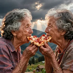 grandmas smashing their faces together with pepperoni pizza