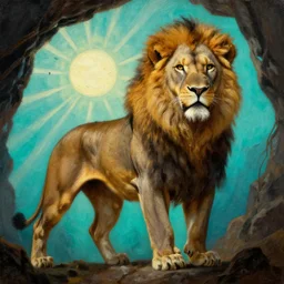 close up of muscular lion barbarian hunter full body in portrait pose, sun rays , small bird sihouettes  in cyan background , very textured detailed  oil painting by rembrandt , hard backlight , in dark cave
