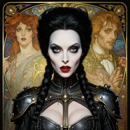 striking sensual gorgeous crustpunk art nouveau portrait of morticia addams as an ironpunk speed metal rebel soldier by travis charest, simon bisley and alphonse mucha, photorealism, extremely hyperdetailed, perfect symmetrical facial features, perfect anatomy, ornate declotage, excited expression, wild eyes