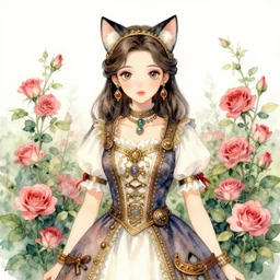 central asian woman with cat ears, wearing a lovely dress in a steampunk rose garden. this watercolor painting by the award - winning mangaka has impeccable lighting, an interesting color scheme and intricate details.