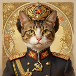 a portrait of a female cat soviet officer, upper half portrait, decorated with soviet motifs, intricate, elegant, highly detailed, symmetry, headpiece, digital painting, artstation concept art smooth sharp focus, illustration, art by artgerm and greg rutkowski alphonse mucha 8 k