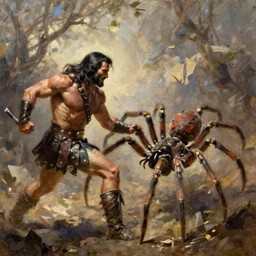 Conan the barbarian fighting a giant spider,, oil painting by dean Cornwell sharp focus,