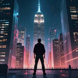 An illustration of a cyberpunk world in New york, photorealistic, there's a man standing in front of new york, 8k, digital art