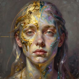 👾 🛸🌈 face, paint drip, phantom, dreary, dramatic, fluid, iridescent, golden ratio, artstation, moebius + loish + wlop, hd, oil painting, hyper realistic,