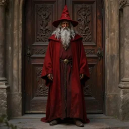 full body picture of a wise old man, merlin inspired, dark brown skin, light grey hair, classic wizard hat, crimson attire, standing in front an elaborate wooden door, detailed face features, extremely detailed, sage, d & d, by artgerm and craig mullins, james jean, andrey ryabovichev, mark simonetti and peter morbacher, matte painting,