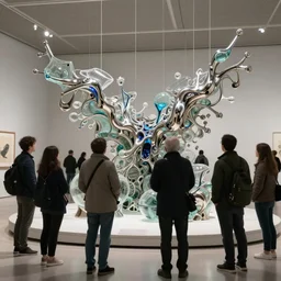 a group of people looking at an incredible sculpture made of molten steel and glass, museum exhibit, very very detailed