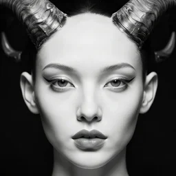 highly detailed symetric black and white photography of a face with pointed horns, beautiful, dark, masterpiece, art by durero, goya, rubens, riccardo federici, roberto ferri, james jean, illustration