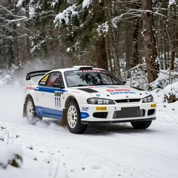 a 1 9 9 4 nissan silvia club k's type s, racing through a rally stage in a snowy forest