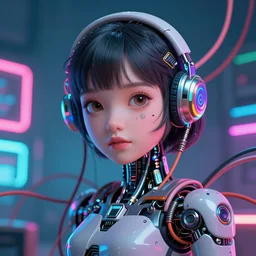 Cute cyborg girl , surrounded by cables , illustrated by Greg Rutkowski and Moebius, 35mm lens, beautiful macro close-up imagery, vibrantly lush neon lighting, beautiful volumetric-lighting-style atmosphere, a futuristic atmosphere, intricate, ultra detailed, photorealistic imagery, trending on artstation, 4k, 8k