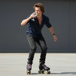 Jean-Luc Reichmann drinking a glass of martini while rollerblading