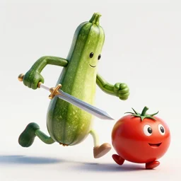 detailed 3 d render of a bad zucchini character with arms and legs and a long sword!! chasing after a tomato character, hyper realistic octane render, cinematic lighting, deviantart, frame from independent movie