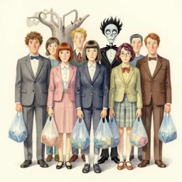 ultra detailed pencil and watercolors and digital illustration of people with plastic bags by wes anderson, tim burton, tomm moore, jean pierre jeunet ; 4 k 8 k hd high resolution ;