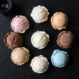 flat lay food photograph of assorted ice cream scoops on black granite, canon 55mm lens,