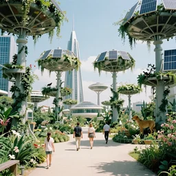 concept photo of a minimalist futuristic solarpunk utopia, immaculate hanging solar gardens from with animals and humans walking in peace, brilliant daylight, leica 8 k still from an a 2 4 film, city designed by jean giraud moebius