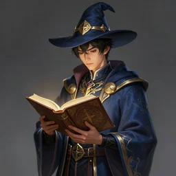 a highly detailed illustration of short black haired young asian wizard wearing ornate navy robe and mage hat, dramatic reading spell book pose, intricate, elegant, highly detailed, centered, digital painting, artstation, concept art, smooth, sharp focus, league of legends concept art, WLOP