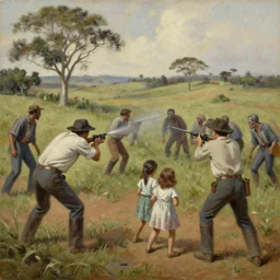 a family of country folk from Minas Gerais from 40s shooting at zombies, oil on canvas