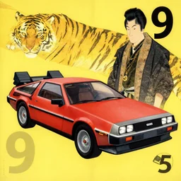 a red delorean, yellow tiger stripe background, art by hsiao - ron cheng and utagawa kunisada, magazine collage, # de 9 5 f 0,