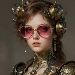 a cinematic portrait scene female steampunk girl with big pink sunglasses, intricate, elegant, highly detailed, digital painting, artstation, concept art, smooth, sharp focus, illustration, art by artgerm and greg rutkowski and alphonse mucha