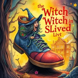 the witch who lived in a giant basketball shoe, insanely detailed, fantasy illustration, colorful, children's book cover