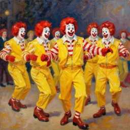 highly detailed painting of a group of ronald mcdonalds with red afros, white facepaint, red noses and yellow tracksuits line dancing at a hoedown by william turner, by greg rutkowski, by william constable, thick brush strokes and visible paint layers, 4 k resolution