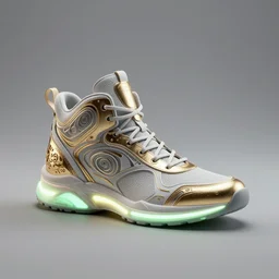 one futuristic high - top sneaker with neon illuminated soles on a grey surface, clean 3 d render, beautiful studio lighting, soft, sharp focus, cyberpunk, intricate detail, gold filigree, soft rubber, octane render, trending on artstation, deviantart, art by iris van herpen and syd mead and giger