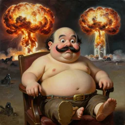 painting of a very fat khatapa with a thick moustache sitting on a chair, in the background there is a nuclear explosion, cute, hilarious, disturbing, nightmare, highly detailed, funny, hahahaha, by david cronenberg and salvador dali, found on artstation, hyperrealistic digital art