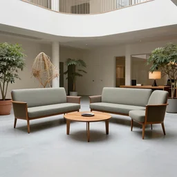 a photo of a danish modern furniture set designed by joan miro, in an atrium
