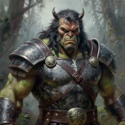 frazetta hulked werewolf concept art macro medium close up shot, rugged werewolf as barbarian wearing war soldier uniform armor in deep forest, mist, overcast, oil painting by greg rutkowski, by frazetta and greg rutkowski