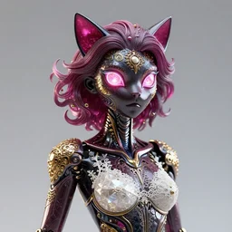 complex 3 d render of a beautiful porcelain dark robot - cat woman with glowing reptile neon eyes magenta gold and white games and diamond skin, fractal veins, fractal hair, 1 5 0 mm, beautiful natural soft light, rim light, gold fractal details, fine lace, mandelbot fractal anatomical, glass, facial muscles, elegant, ultra detailed, metallic armor, octane render