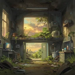 a stylized 2 d cinematic keyframe of a post - apocalyptic hospital interior at dawn covered by nature, debris, abandoned, joy gaze, cel - shaded, classical animation, edge - to - edge print, rendered by studio ghibli, artgerm, alyssa monks, andreas rocha, david kassan, neil blevins, rule of thirds, golden ratio, ambient lighting, art