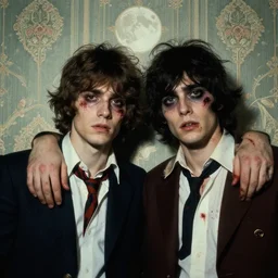 a baroque pairing of two handsome but sinister young men wearing gucci in layers of fear, with haunted eyes and wild hair, 1 9 7 0 s, seventies, wallpaper, a little blood, moonlight showing injuries, delicate embellishments, painterly, offset printing technique, by brom, robert henri, walter popp
