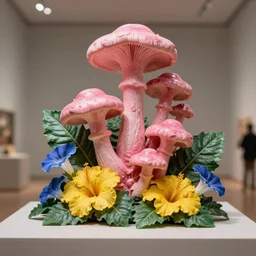 a stunning ultra detailed plastic 3 d sculpture made of pink oyster mushroom connected to montsera leaves surrounded by yellow hibiscus fused to morning glory flowers by barbara hepworth, artstation, 8 k, deep depth of field, top lit, volumetric lighting, octane render, museum piece, rectangular dimensions