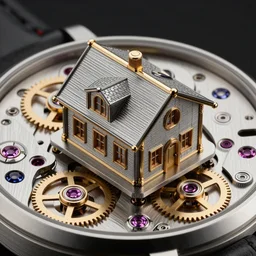 Macro photograph of a miniature beautiful Swiss watch chalet on an intricate watch mechanism, cogs, gears, gearwheels, levers, jewels, shiny silver, shiny gold, architectural render, steampunk, , Rolex, Breitling, Jacob & Co, Omega, Tag Heur, Hublot