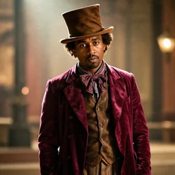 portrait kanye west as willy wonka in django unchained, splash art, movie still, cinematic lighting, long lens, shallow depth of field, bokeh, anamorphic lens flare, 8 k, hyper detailed, 3 5 mm film grain