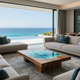 A modern living room in a ocean hues style next to a big terrace overlooking the ocean, luxurious wooden coffee table in the center, inspired by the ocean, calm, relaxed style, harmony, wide angle shot, 8k resolution, ultra detailed
