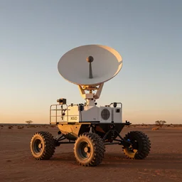zaha hadid, mars rover style peaceful mobile biomimetic rugged anemometer station sensor antenna on all terrain tank wheels, for monitoring the australian desert,  XF IQ4, 150MP, 50mm, F1.4, ISO 200, 1/160s, dawn, golden ratio, rule of thirds