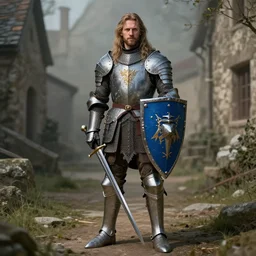 bjorn of backwater - honorable knight of francia, standing with his blue shield at the ready and a short sword in his hand
