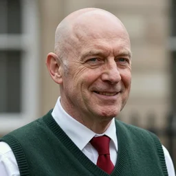 photo portrait of a bald middle aged british man wearing a white collared shirt a dark - green sweater vest and a red tie, while smiling, realistic, hyperrealistic, 8 k resolution, hd quality, very detailed, highly detailed, intricate details, real life, real world, trending on artstation, digital art, really realistic, very realistic, headshot, head in frame, photograph, portrait, head in frame