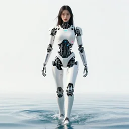 beautiful centered fine art photo portrait of hoyeon jung as a solarpunk robotic humanoid treading above water, white mechanical parts with fluorescent lamps, ultra - realistic and detailed, white background, sun lighting, soft focus, slow exposure hdr 8 k